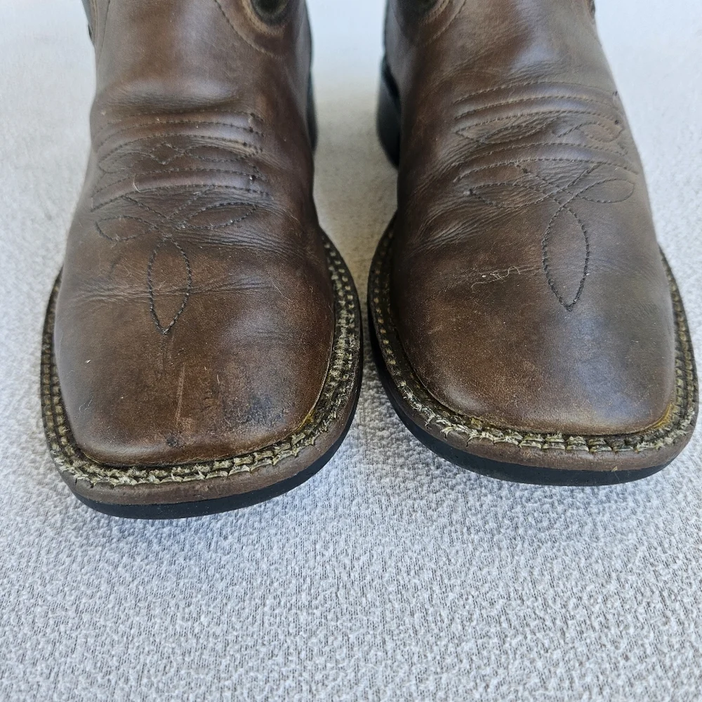 Old West Brown Leather Square Toe Western Cowboy Boot Youth SZ 1.5 Embroidered